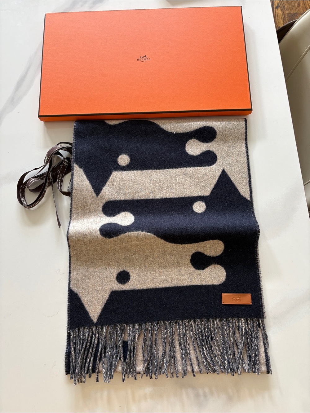 Hermes Navy and Beige Graphic Fringed Wool Scarf